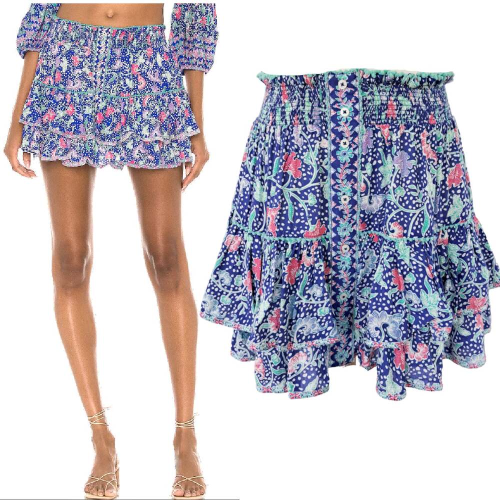POUPETTE ST BARTH Camilla Floral Mini Skirt Blue Clary Smocked Ruffle